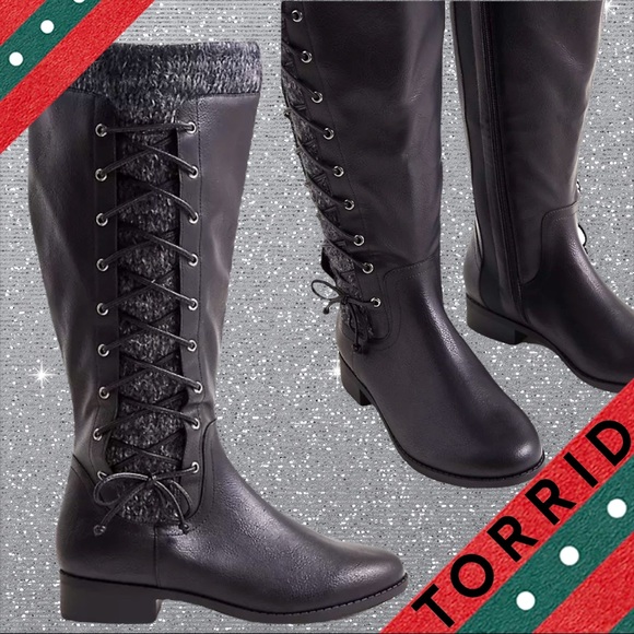 Torrid Black Faux Leather Sweater Criss-Cross Knee Boots Wide calf New in Box - Picture 2 of 13